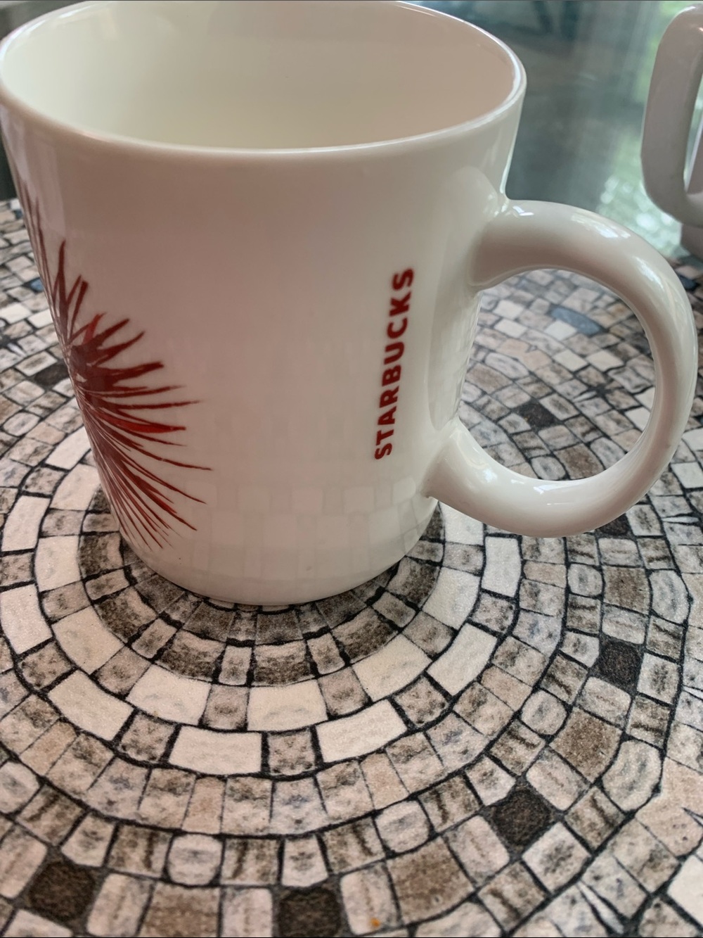 Starbucks White Ceramic Mug with Red Palm Burst Accent